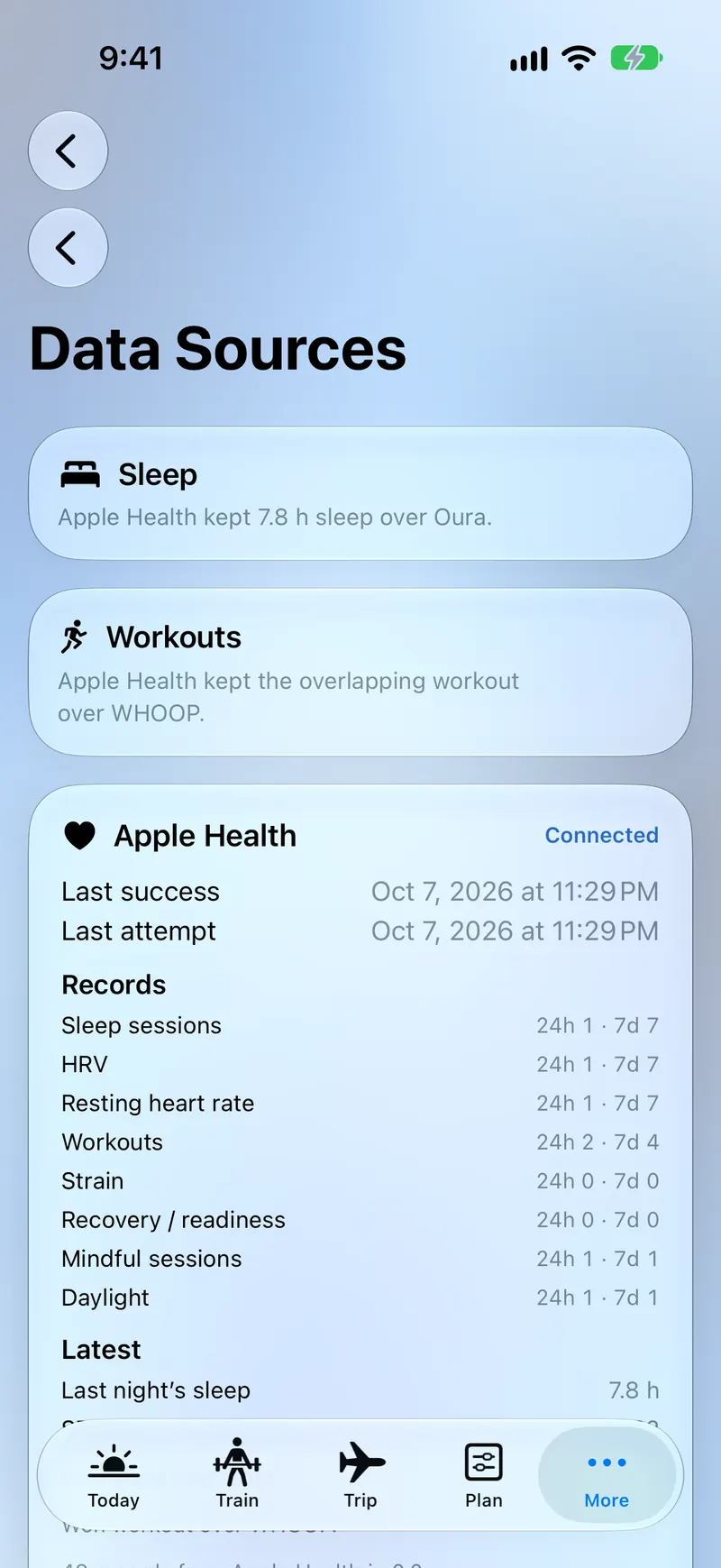Dygn Data Sources screen showing Apple Health connected, with WHOOP and Oura as optional overlaps.