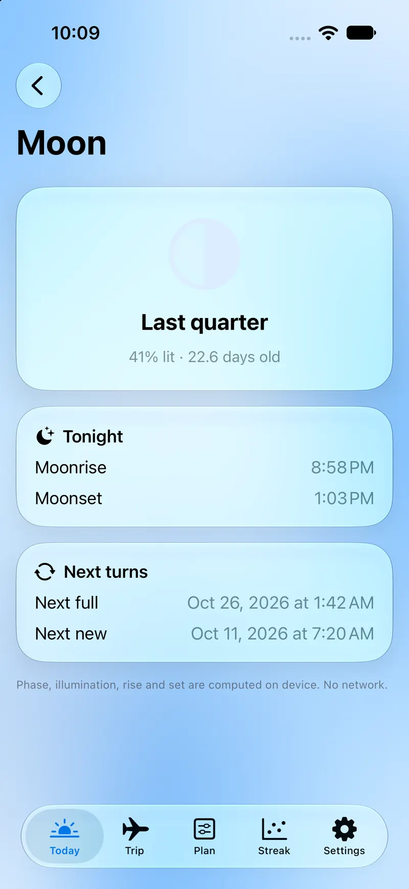 Dygn Moon screen showing last quarter phase, moonrise, moonset, and next full and new moons.