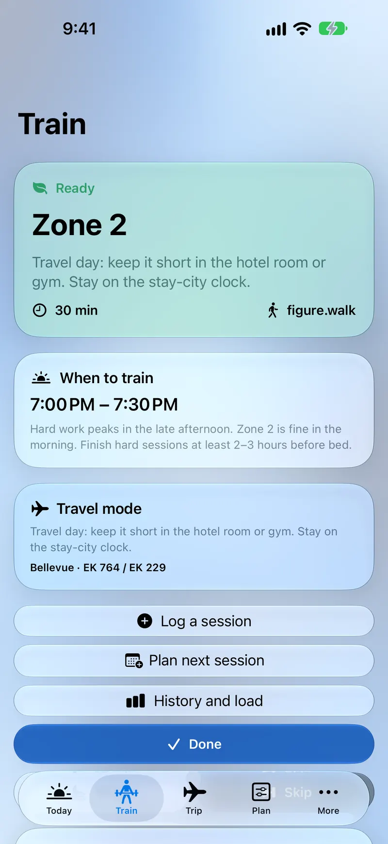 Dygn Train tab showing a Zone 2 session timed to the day’s rhythm, with travel-mode guidance.