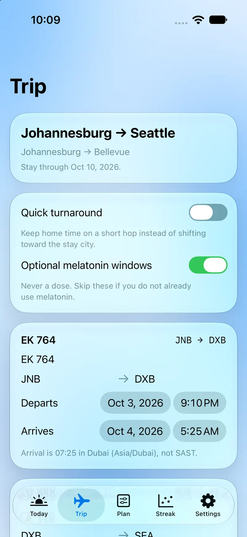 Dygn Trip planner for a Johannesburg to Seattle itinerary, with flight times and optional melatonin windows.