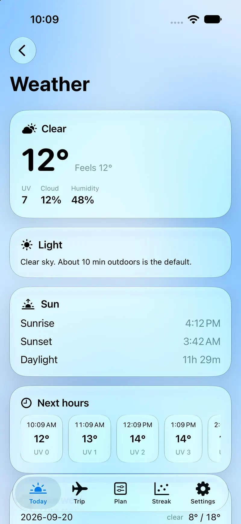 Dygn Weather screen with temperature, UV, cloud cover, humidity, and sunrise sunset times.