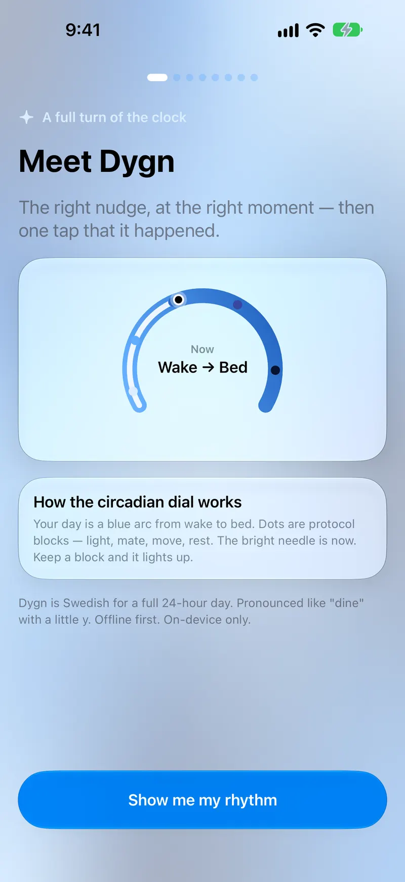 Dygn onboarding screen introducing the circadian dial from wake to bed.